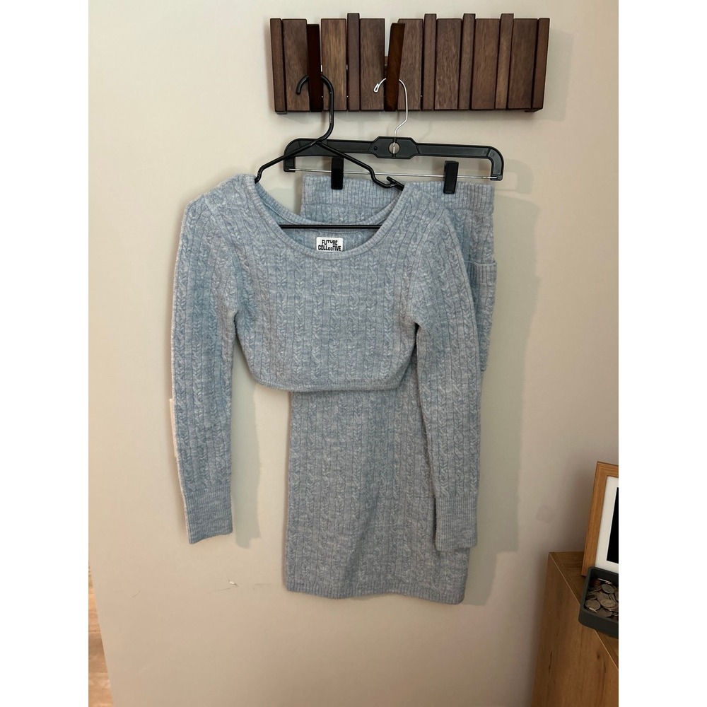 FUTURE COLLECTIVE Reese Bluestein blue cable knit sweater and skirt set size XXS